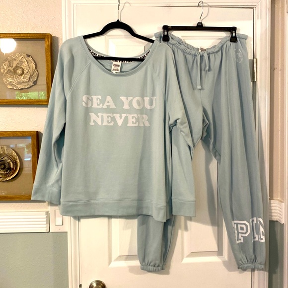 PINK Victoria's Secret Tops - PINK Victoria’s Secret “Sea You Never” Cut Out Back Jogger & Sweatshirt …